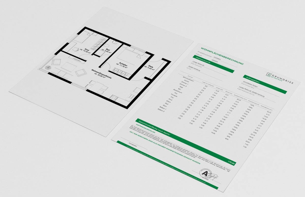 Printed floor plan and living space calculation with Grundriss Schmiede branding
