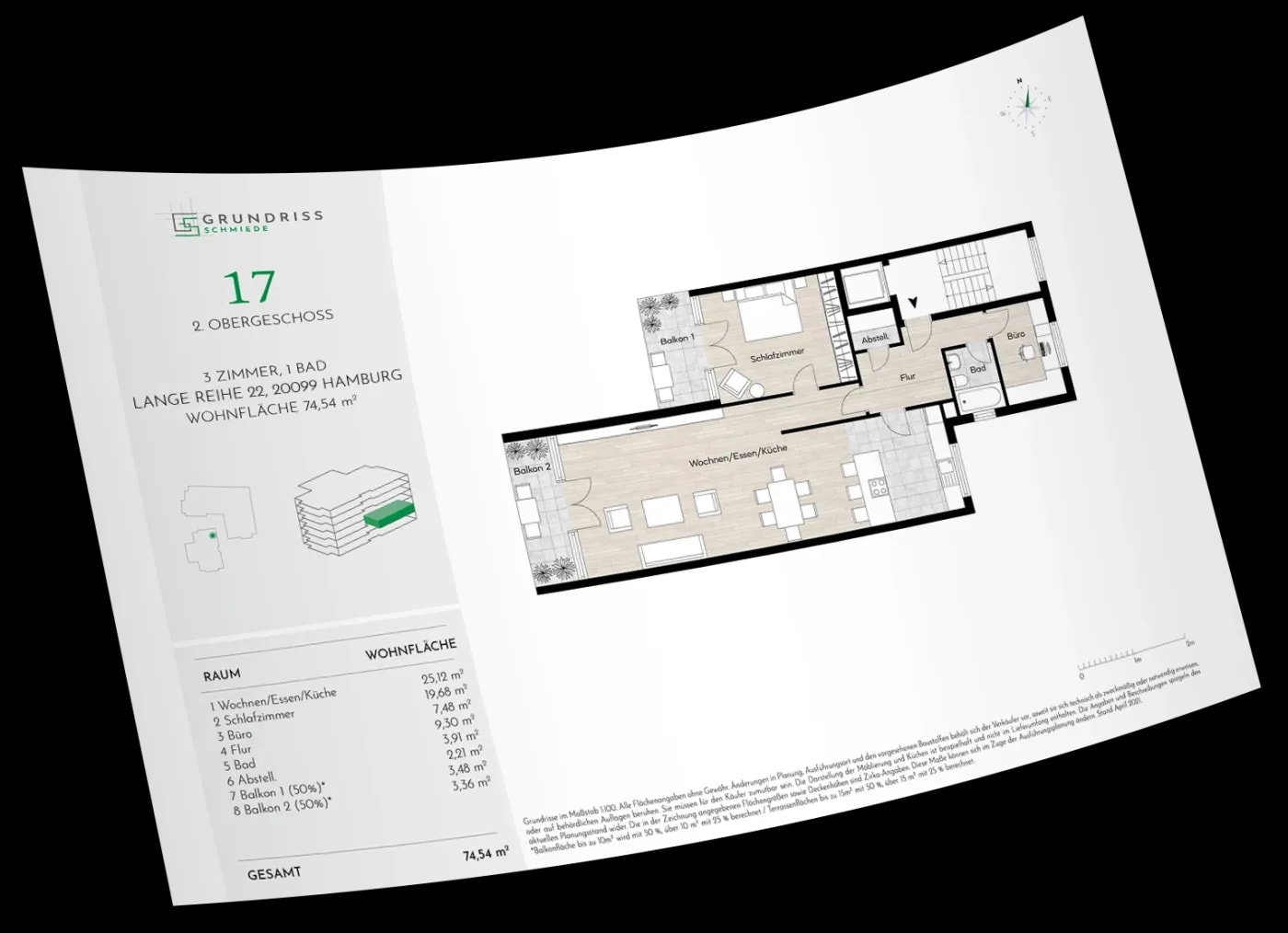 Einzelne Seite eines Factsheet vom 2. Obergeschoss eines mehrgeschossigen Mehrfamilienhauses nit schematischer Lageübersicht im Haus, tabellarischer Wohnflächenliste und Grundriss in moderner Optik und mit Möblierung.