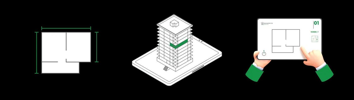Drei kleine schematische Icons: ein stark vereinfachter Grundriss, Ein Appartment Tower und ein Tablet, das von einer Hand gehalten wird, während die andere auf ein Detail des Factsheets deutet, das im Tablet zu sehen ist.